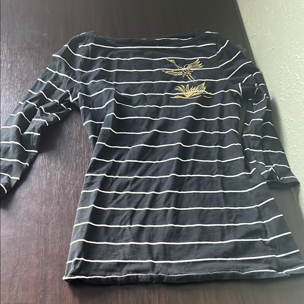 A New Day Black and White Striped Herron Top with Gold Embroidery size XS